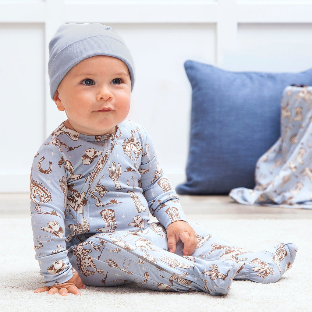 Wild Wrangler Blue Western Baby Boy Bamboo Zipper Romper