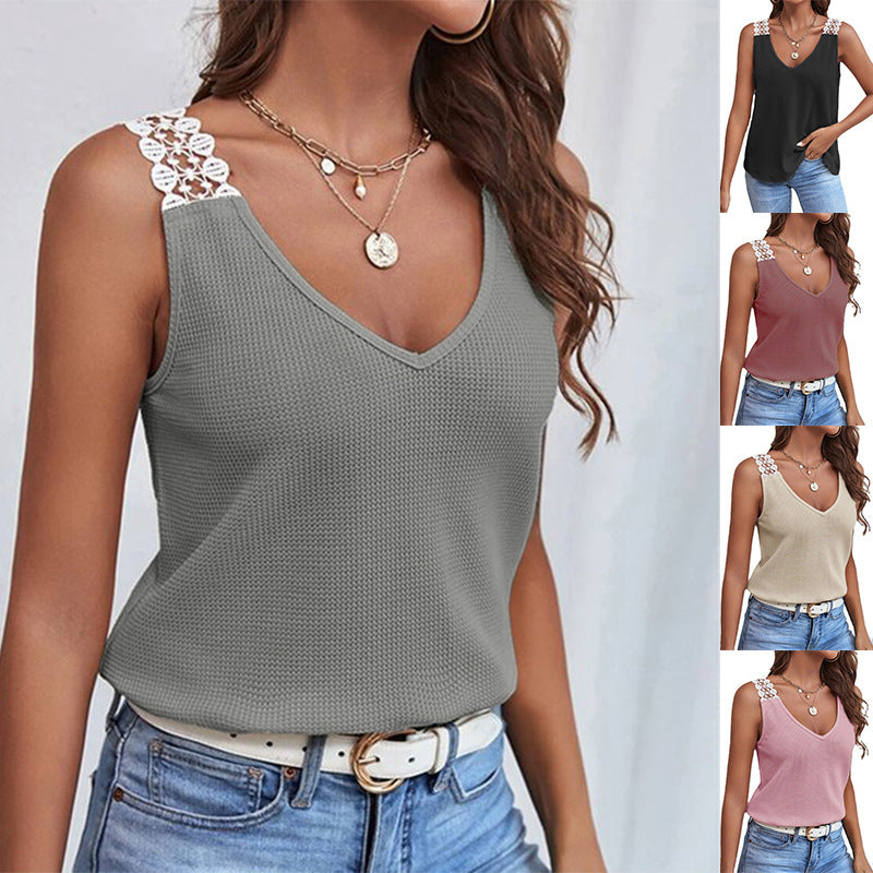 Lace-Detail Waffle Tank Top
