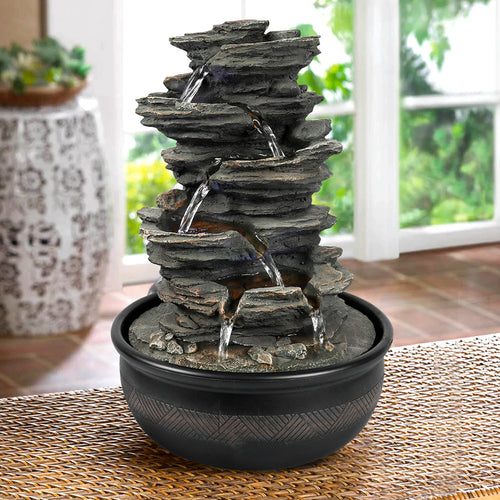 6-Tier Slate Tabletop Water Fountain with LED