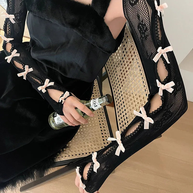 Fishnet Shawl Arm Sleeves Cropped Cardigan Women Long Sleeve Lace