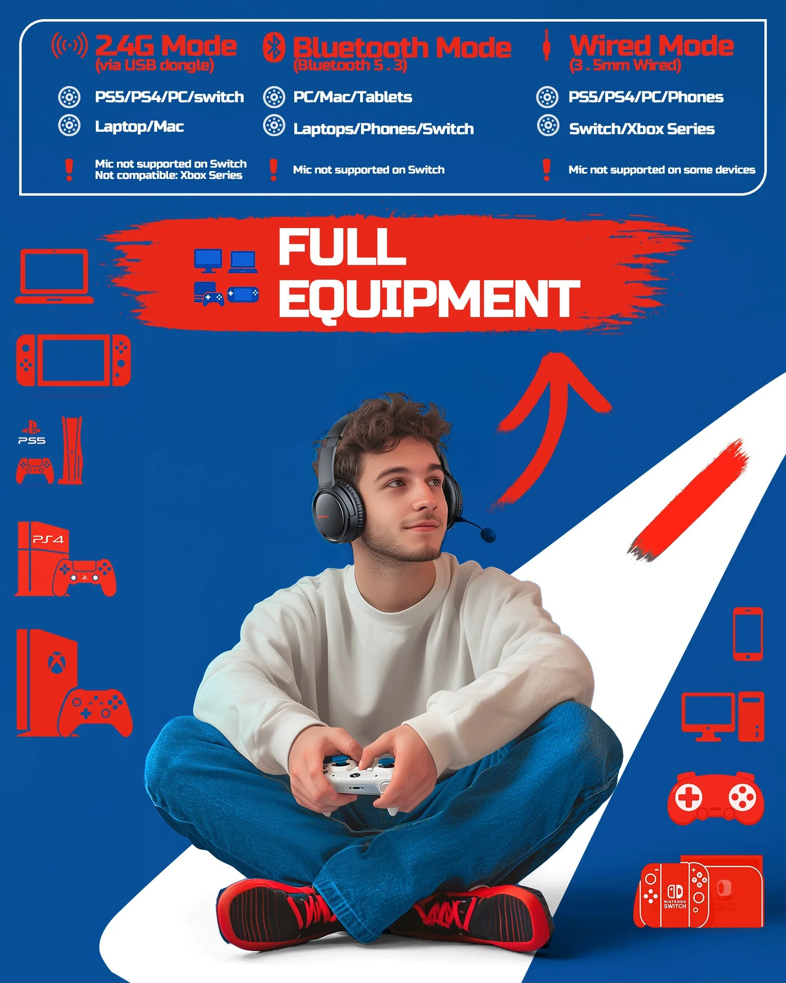 BINNUNE Wireless Gaming Headset with Mic Lightweight Over-Ear Gaming Headphones Low Latency Bluetooth Noise Cancelling Mic