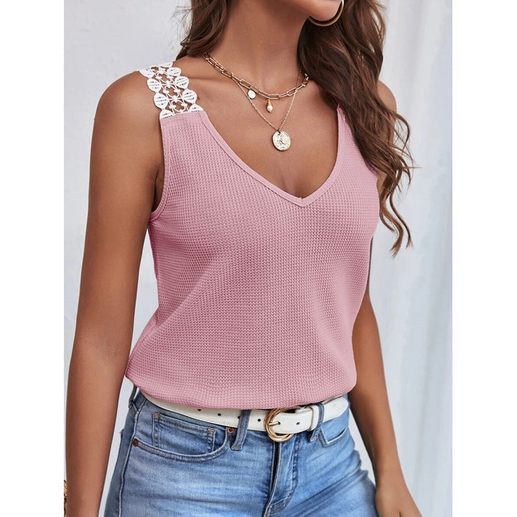 Lace-Detail Waffle Tank Top