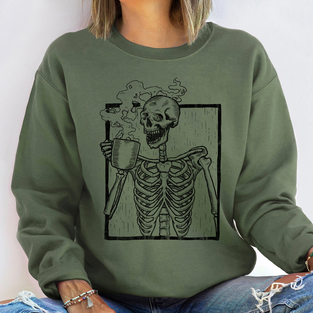 Skeleton Coffee Halloween Graphic Sweatshirt