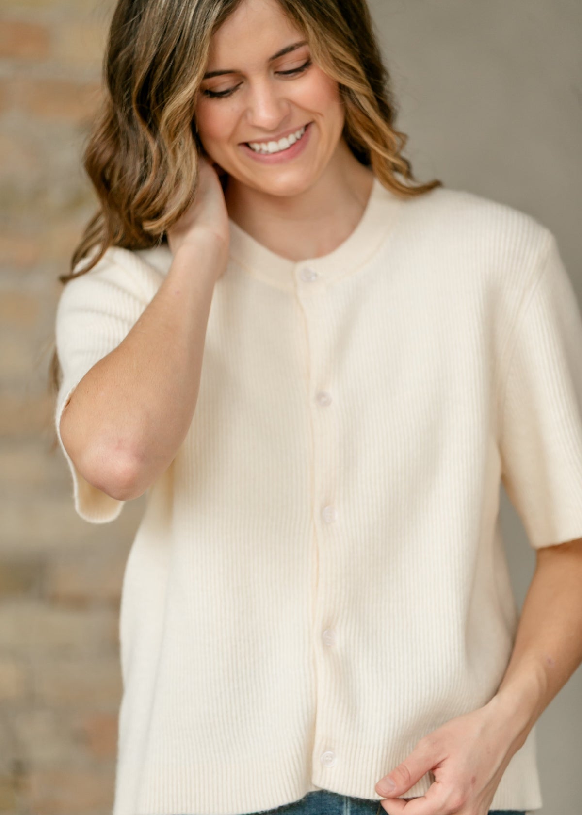 Ivory Short Sleeve Button Cardigan