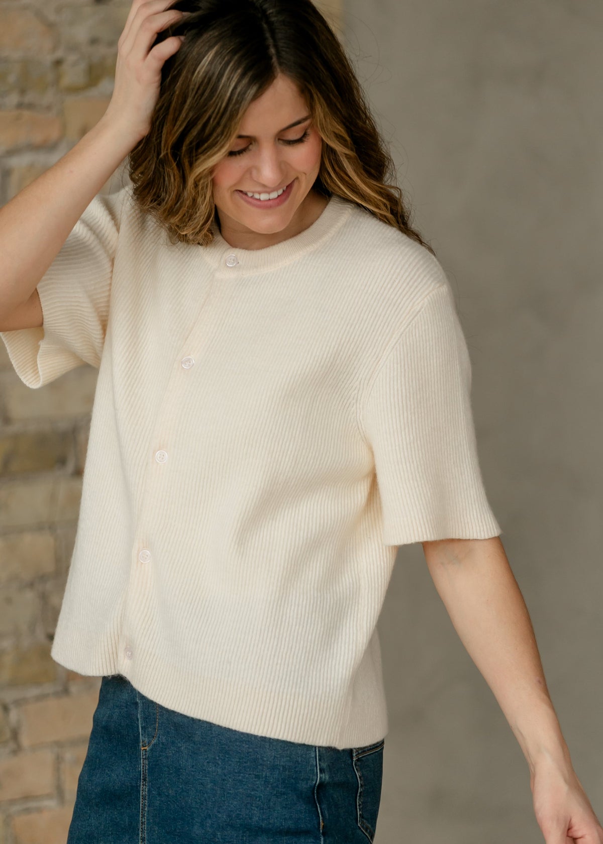 Ivory Short Sleeve Button Cardigan